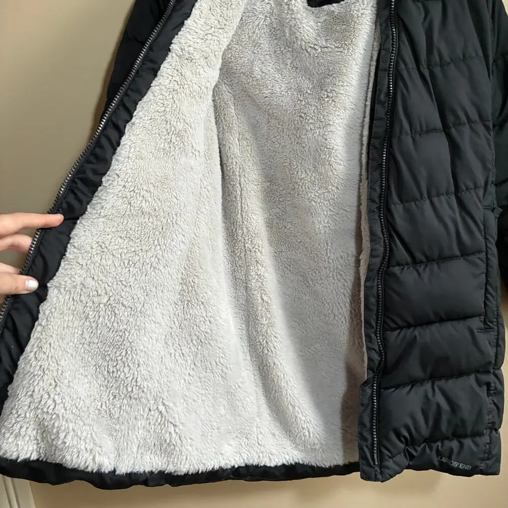 Lands' End faux fur lined black puffer winter jacket kids' size large 10-12